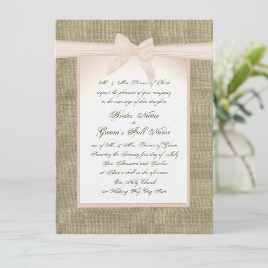 Burlap en Blush Roze Bow Rustieke bruiloft Kaart (Staand voorkant)