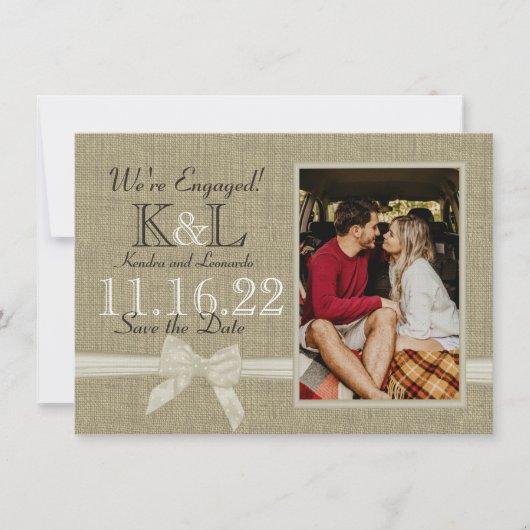 Burlap en Bow Rustic Country Save the Date (Voorkant)