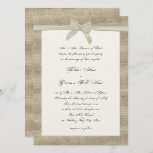 Burlap en Bow Rustic Wedding Kaart (Voorkant / Achterkant)