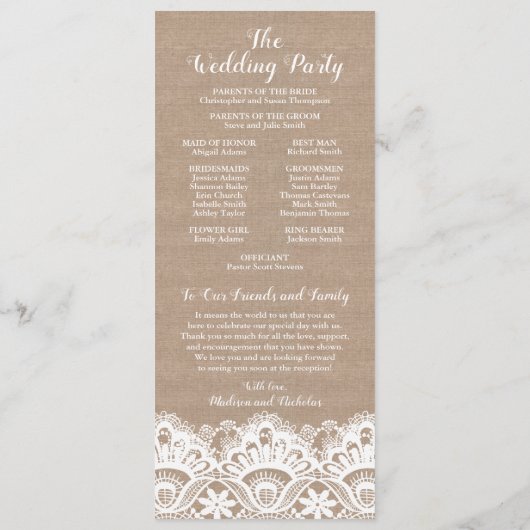 Burlap en kant bruiloft programma Kaarten, rustiek (Achterkant)