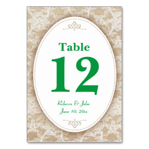 Burlap en kant en groene tafel nummer kaart
