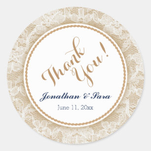 Burlap en kant gepersonaliseerde bruiloft dank u ronde sticker
