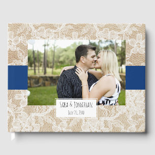 Burlap en Kant Marine Blauw Foto Bruiloft Gastenboek