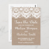 Burlap en kant Save the Date Briefkaarten, rustiek Briefkaart (Voorkant / Achterkant)
