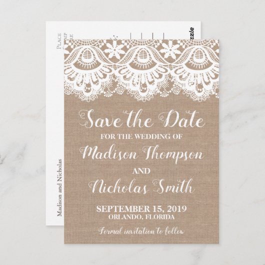 Burlap en kant Save the Date Briefkaarten, rustiek Briefkaart (Voorkant / Achterkant)