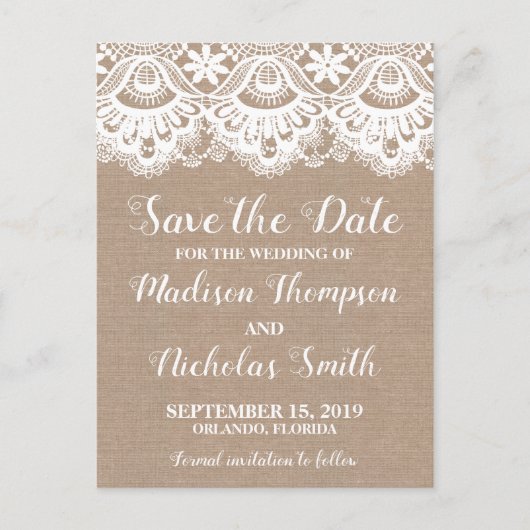 Burlap en kant Save the Date Briefkaarten, rustiek Briefkaart (Voorkant)
