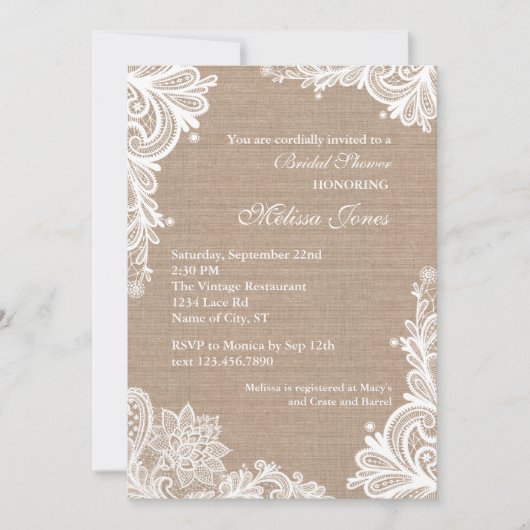  Burlap en Lace Bridal Shower Invitation Kaart (Voorkant)