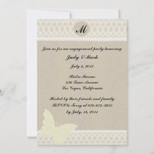Burlap- en Lace Monogram Engagement Party nodigt u Kaart (Voorkant)
