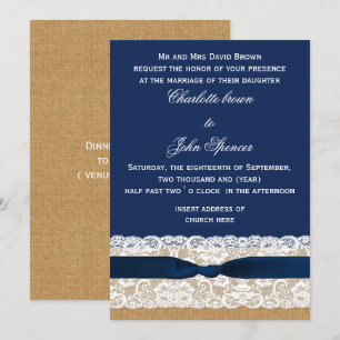 Burlap en Lace Navy Wedding Kaart