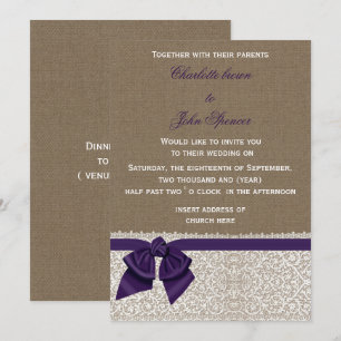 Burlap en Lace Paars Wedding Kaart