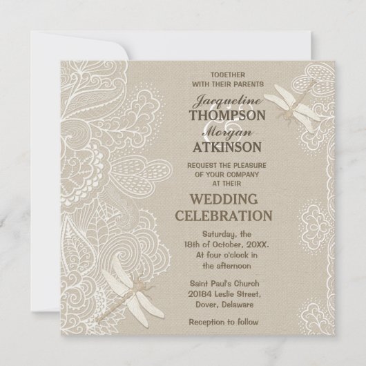 Burlap en Lace Rustic Wedding Invitation Kaart (Voorkant)