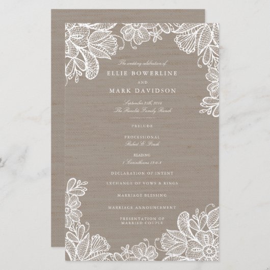Burlap- en Lace Wedding-programma's (Voorkant / Achterkant)