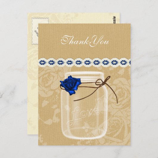 Burlap en Navy Blue roos Mason Jar Dank u Briefkaart (Voorkant / Achterkant)