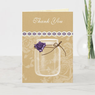 burlap en paarse roos mason jar dank u bedankkaart
