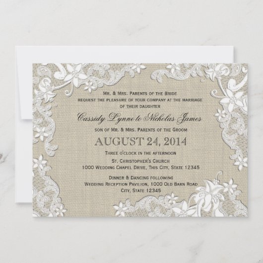  Burlap en White Lace Wedding Kaart (Voorkant)