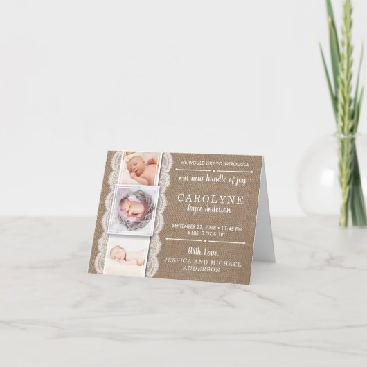 Burlap et dentelle rustique | 3 Faire-part de nais (Devant)