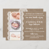 Burlap et dentelle rustique | 3 Faire-part de nais (Devant / Derrière)