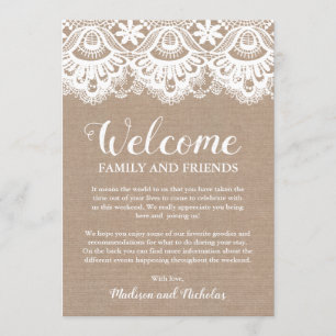 Burlap et Lac Mariage Hotel Cartes de bienvenue, R