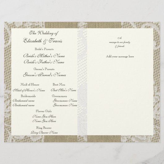 Burlap et le programme de mariage de dentelle (Dos)