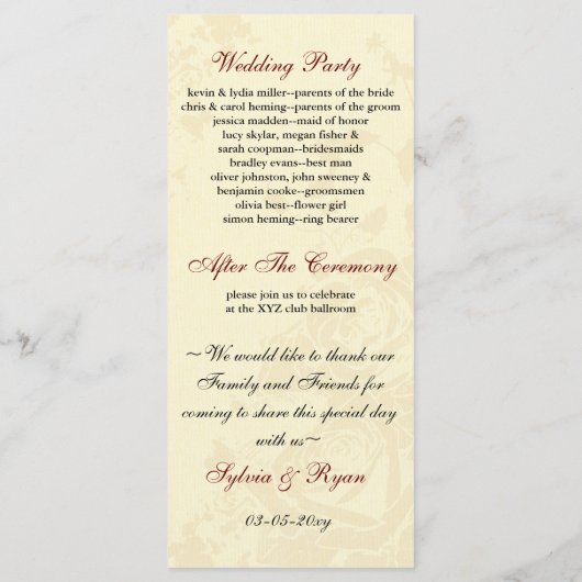 burlap et rouge rose mason programme de mariage (Dos)