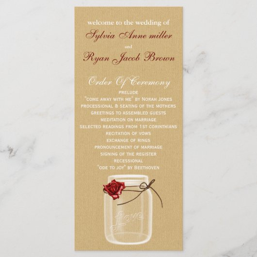 burlap et rouge rose mason programme de mariage (Devant)