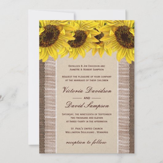 Burlap, Faire-part de mariage de tournesol dentell (Devant)