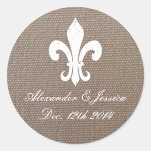 Burlap fleur de lis country chic wedding stickers