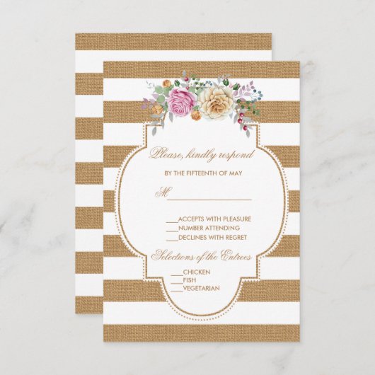 Burlap Floral Rustique rayures Mariage RSVP (Devant / Derrière)