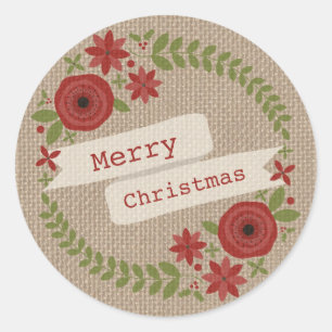 Burlap geïnspireerd bloemenkrans Kerstmis Ronde Sticker