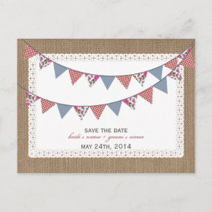 Burlap Geïnspireerd Gingham Bloemen Vlaggen Save T Aankondigingskaart