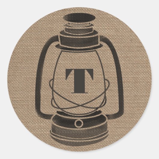 Burlap Geïnspireerd Monogram Olielantaarn Ronde Sticker (Voorkant)