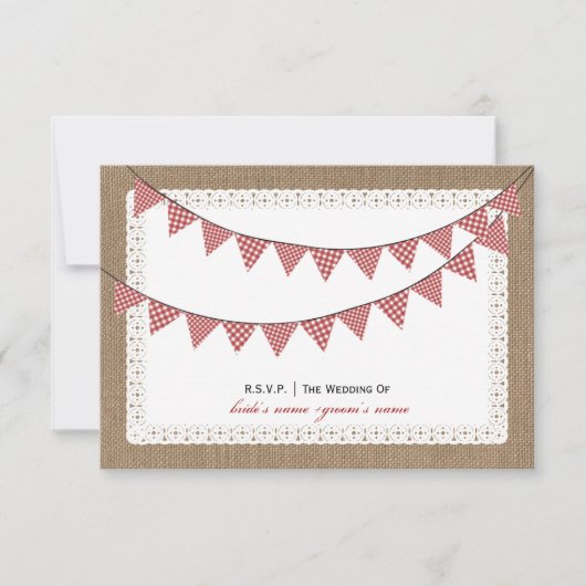 Burlap geïnspireerd rood gingham Bunting RSVP Kaartje (Voorkant)