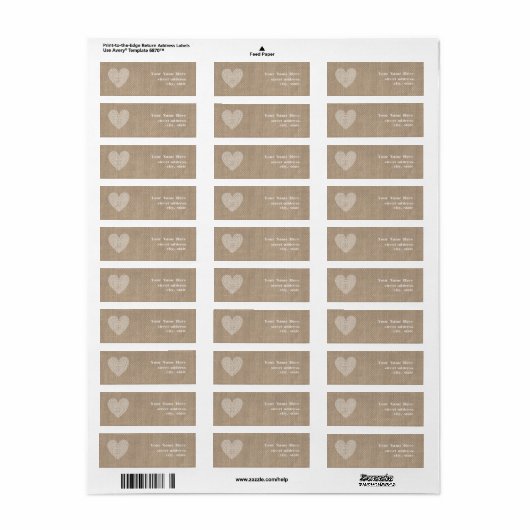 Burlap geïnspireerd rustiek wit hart label (Full Sheet)