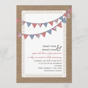 Burlap Geïnspireerd tandham en Floral Bunting Wedd Kaart
