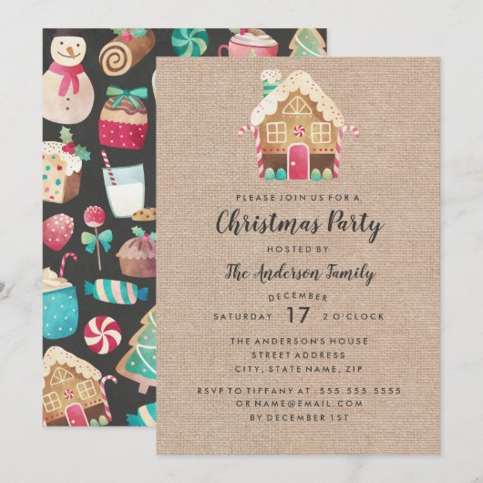 Burlap Gingerbread House Christmas Party Kaart (Voorkant / Achterkant)