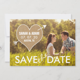 Burlap Heart   Rustic Save the Date Notice