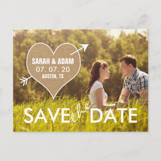 Burlap Heart | Rustiek Save the Date Aankondigingskaart (Voorkant)