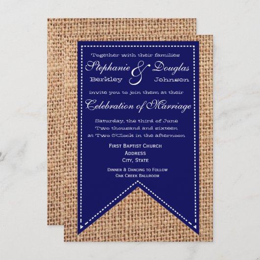 Burlap Imprimer Bleu des invitations de mariage ru (Devant / Derrière)