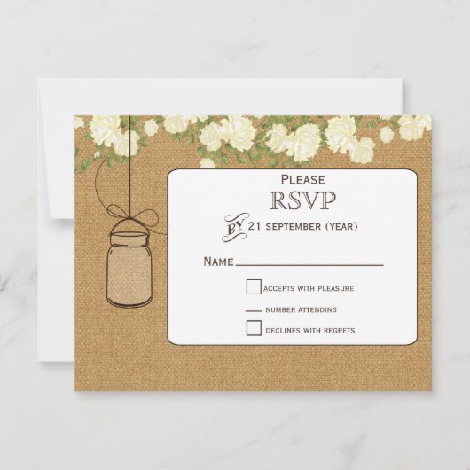 burlap ivoire roses mason jarres mariage RSVP (Devant)
