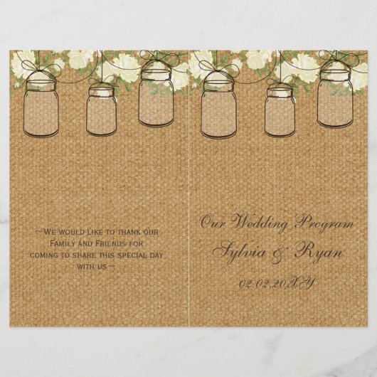 burlap ivoire roses mason jarres programmes pliés (Devant)