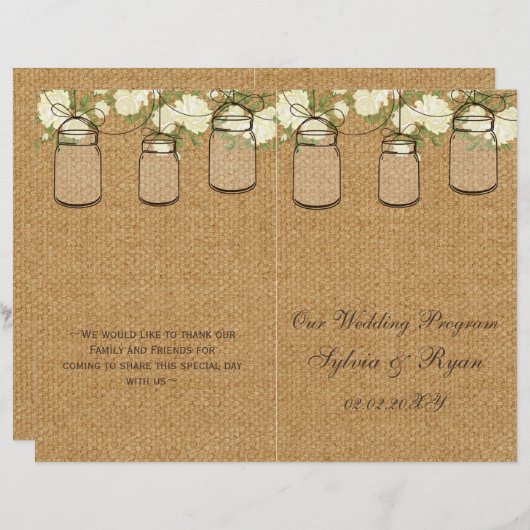 burlap ivoire roses mason jarres programmes pliés (Devant / Derrière)