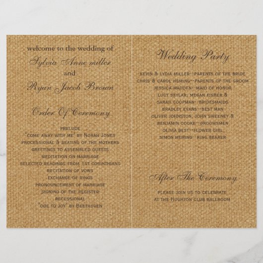 burlap ivoire roses mason jarres programmes pliés (Dos)