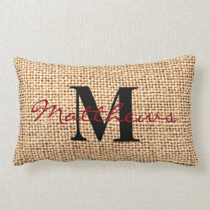 Burlap Jute Rustic Family Name Monogram Pillow Kussen