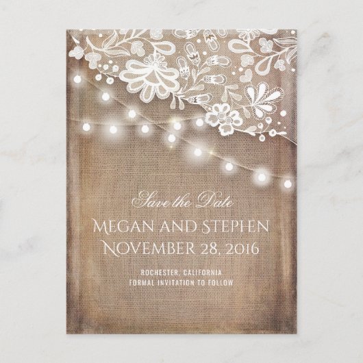 Burlap Kant en String Lights Rustiek Save the Date Aankondigingskaart (Voorkant)