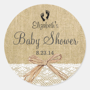 Burlap Kant en Voetafdrukken Baby shower- Favor Ronde Sticker