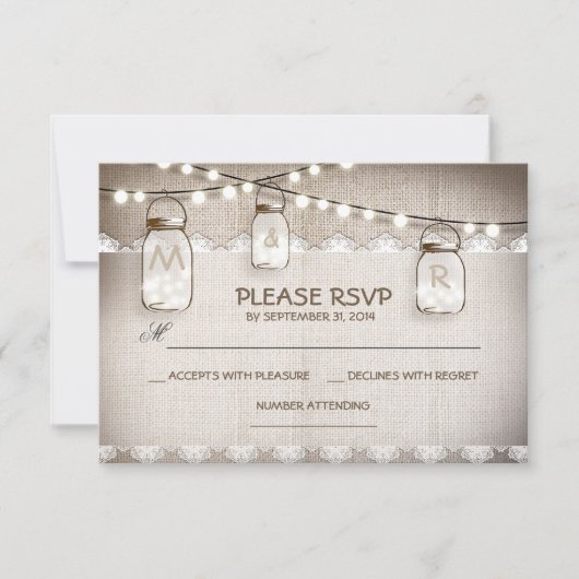 burlap kant lichten & metselaar pot bruiloft RSVP (Voorkant)