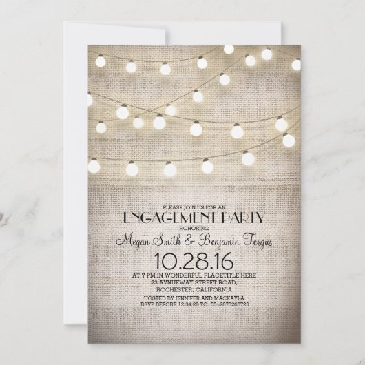 Burlap Kant String Lights Rustiek Engagement Party Kaart (Voorkant)