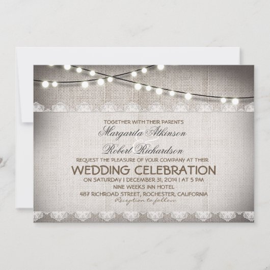 Burlap Kant String Lights Rustieke bruiloft uitnod Kaart (Voorkant)