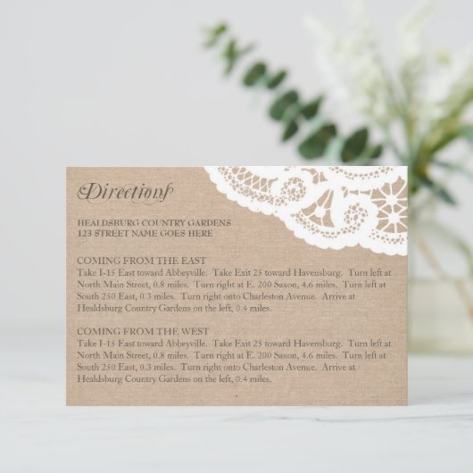 Burlap Lace Bruiloft Routebeschrijving Behuizing K Informatiekaartje (Staand voorkant)