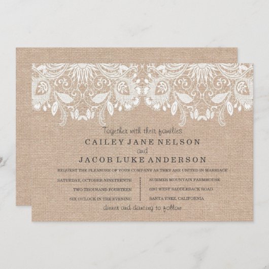 Burlap & Lace bruiloft uitnodiging (Voorkant / Achterkant)